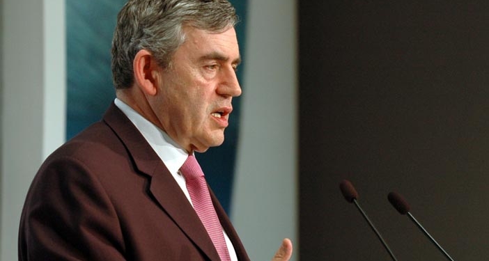 Gordon Brown speaking to UK and international journalists at a post-G8 press conference, 9 July 2008. (Photo credit: Downing Street.)