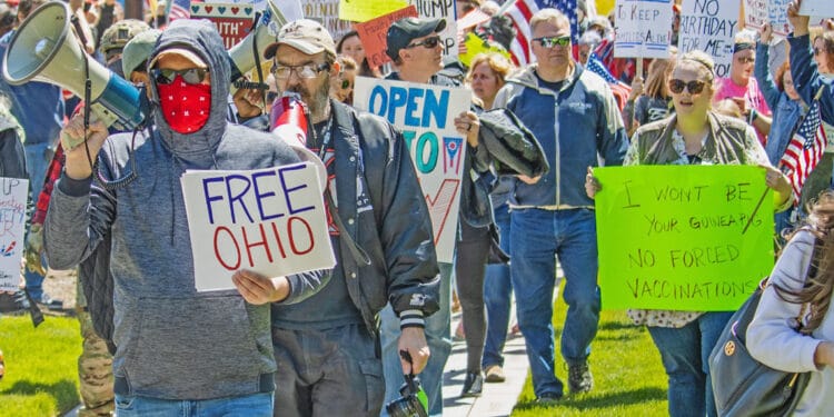 Protesters at a "Reopen Ohio" rally against coronavirus measures. (Photo credit: Becker1999)