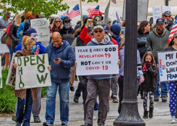 "Freedom Or Bust" rally at Ohio Statehouse on May 1, 2020. (Photo credit: Paul Becker)