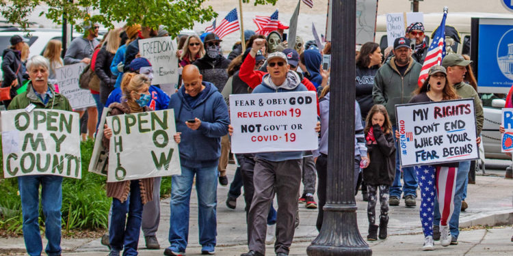 "Freedom Or Bust" rally at Ohio Statehouse on May 1, 2020. (Photo credit: Paul Becker)