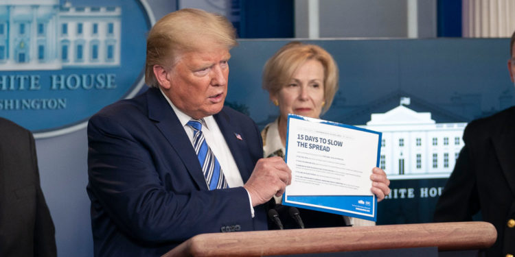 Donald Trump during a White House briefing on the coronavirus pandemic. (Official White House Photo by Shealah Craighead)