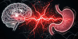 Neural connection between brain and stomach illustrating mind-gut axis, neural signaling, and psychological factors influencing gastrointestinal health. Conceptual image for neuroscience and psychology research.