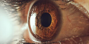 Vivid close-up of a brown human eye showing intricate iris patterns and details.
